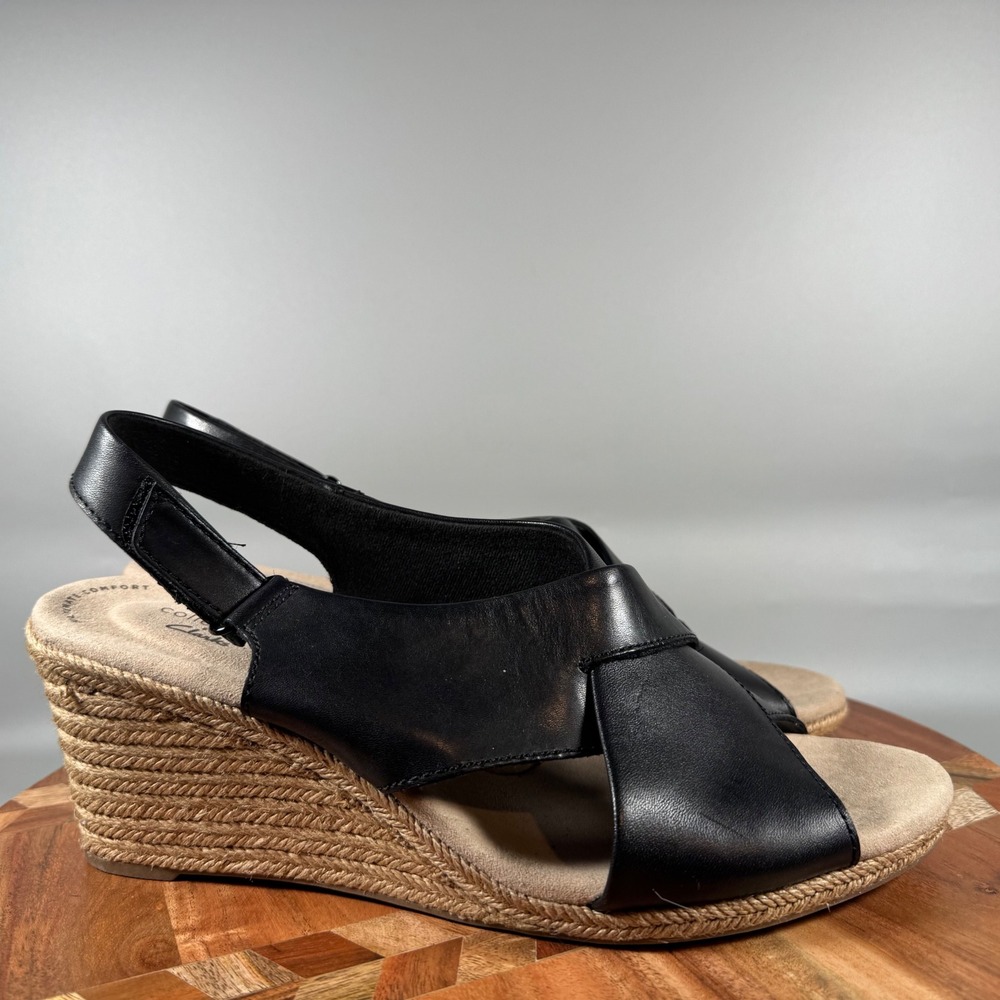 Clarks Lafley Alaine Black Leather Espadrille Wedge Sandals Womens 11W